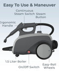 Straight Shooter Rolling Steam Cleaner With A Massive 1.5L Tank And 17 Nifty Attachments For Zero Chemical Deep Cleaning floors.