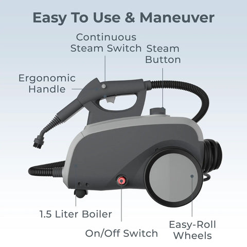 Straight Shooter Rolling Steam Cleaner With A Massive 1.5L Tank And 17 Nifty Attachments For Zero Chemical Deep Cleaning floors.