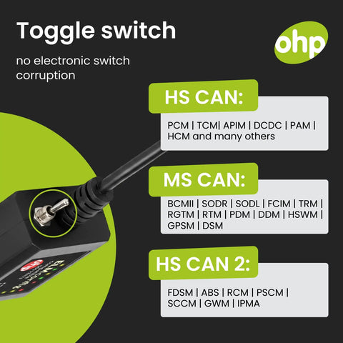 Elm327 Based OBD2 USB Diagnostic Tool With MS-Can HS-Can Switch showing toggle switch and compatible protocols