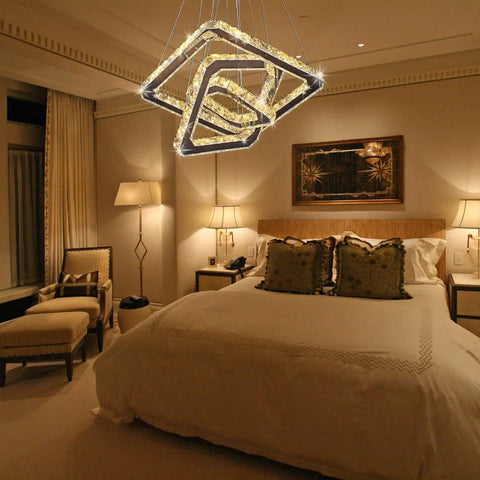 Dope Modern Crystal Chandelier LED Ceiling Light With Square Three Ring Design in bedroom with warm white lighting