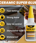 Premium Ceramics Super Glue Two Pack With Slick Micro Tips Delivering Hella Strong Food Safe Pottery And Porcelain Repair Bond For Mugs Plates And Figurines Quick Setting on a table with fast setting details.
