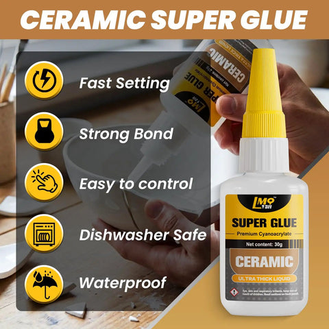 Premium Ceramics Super Glue Two Pack With Slick Micro Tips Delivering Hella Strong Food Safe Pottery And Porcelain Repair Bond For Mugs Plates And Figurines Quick Setting on a table with fast setting details.