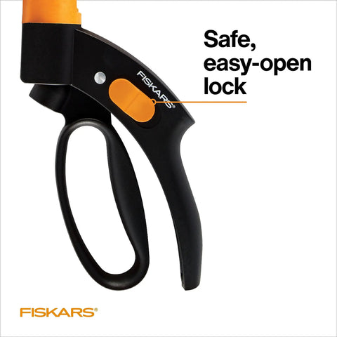 Handle of Shear Ease Grass Shears With 360 Degree Swivel Blades For Edging And Trimming showing easy-open lock mechanism