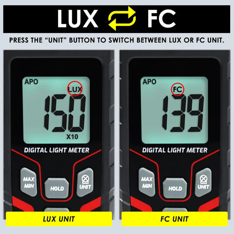 High Accuracy Handheld Light Meter With Lux And FC Switchable Units Measures 0.1 To 200000 Lux And 0.01 To 20000 FC LCD Backlit Display Ideal For Indoor Outdoor Film Photography And Lighting Setup showing Lux and FC display modes