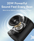 Close-up of Rugged Portable Bluetooth Speaker showing 53mm driver with 20W powerful sound and BassUp technology.