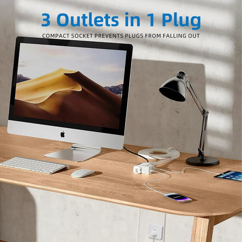 Indoor Extension Cord 12 Foot With 3 Polarized Outlets And Safety Slide Windows 13A 1625W 16 AWG 2 Prong Plug on desk