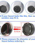 Diagram showing measurements and compatibility of M18.5 Faucet Aerator Replacement Kit, 6 Pack Sink Faucet Flow Restrictors.