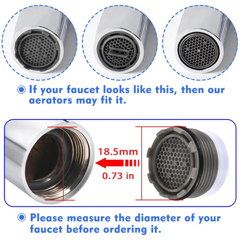 Diagram showing measurements and compatibility of M18.5 Faucet Aerator Replacement Kit, 6 Pack Sink Faucet Flow Restrictors.