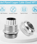 4 Pack Half Inch NPT Nickel Plated Copper Waterproof Cable Glands IP68 Weatherproof Sealed Connectors with Nuts and Gaskets