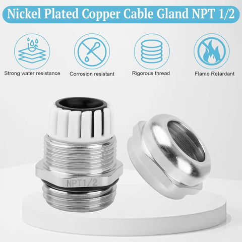 4 Pack Half Inch NPT Nickel Plated Copper Waterproof Cable Glands IP68 Weatherproof Sealed Connectors with Nuts and Gaskets