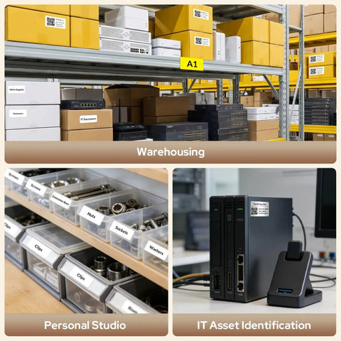 Three scenes showing labeled storage: warehousing boxes, personal studio organizer bins, and IT asset identification setup.