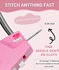 Close-up of Easy Peasy Ergonomic Stitch Gun For Swift Clothing Patches And Soft Fabric Fix Ups With Two Thousand Micro Staples Plus Spare Tips In Cool Berry Pink Color showing fine needle details.