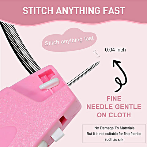 Close-up of Easy Peasy Ergonomic Stitch Gun For Swift Clothing Patches And Soft Fabric Fix Ups With Two Thousand Micro Staples Plus Spare Tips In Cool Berry Pink Color showing fine needle details.