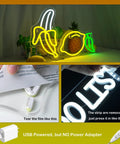 Bright Dope Banana Shaped LED Neon Sign Light For Bedroom Decor, USB-powered, vibrant warm yellow glow, shown with film removal and LED strip details.