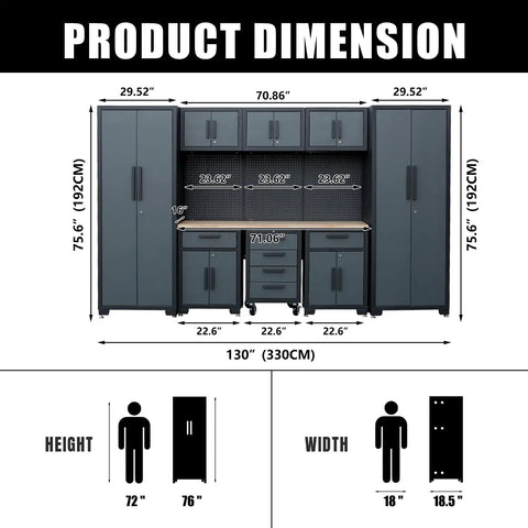 Dimensions of 9-Piece Garage Storage Cabinet System With Corner Cabinet, Workbench, Pegboard And Roller Drawers in Black and Gray.