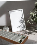 Straight Up Premium Wooden Eyewear Display Tray With Soft Protective Lining For Sunglasses Glasses And Jewelry Storage Stylish Desktop Organizer on a clean desk.