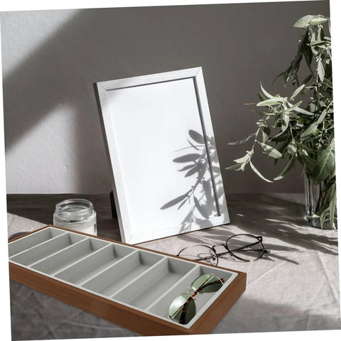 Straight Up Premium Wooden Eyewear Display Tray With Soft Protective Lining For Sunglasses Glasses And Jewelry Storage Stylish Desktop Organizer on a clean desk.