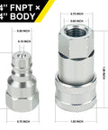 Two-view image of ANCIMOON 1/4'' ISO 5675 poppet hydraulic quick-connect couplers with dust caps, silver metal.