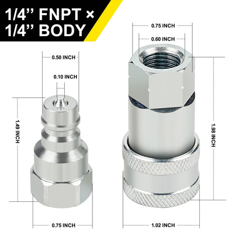 Two-view image of ANCIMOON 1/4'' ISO 5675 poppet hydraulic quick-connect couplers with dust caps, silver metal.