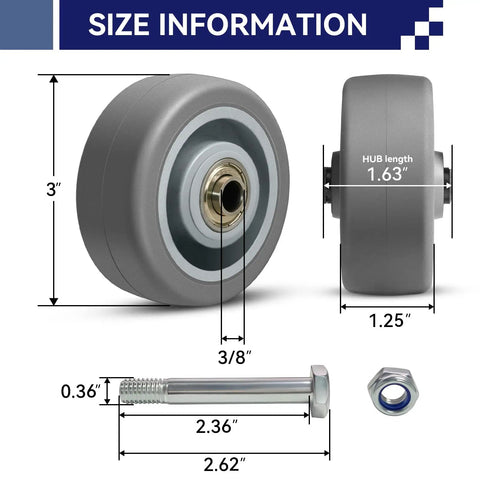 Heavy Duty Rubber Caster Wheels Set Of Four With 1000 Pound Capacity Non Marking Industrial Grade Replacement Casters size info showing dimensions and parts.