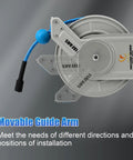 Movable guide arm feature of the Pressure Washer Hose Reel With Retractable Hose, Sixty Foot Long One Quarter Inch Core, Auto Rewind.