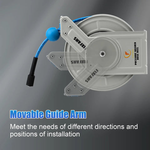 Movable guide arm feature of the Pressure Washer Hose Reel With Retractable Hose, Sixty Foot Long One Quarter Inch Core, Auto Rewind.