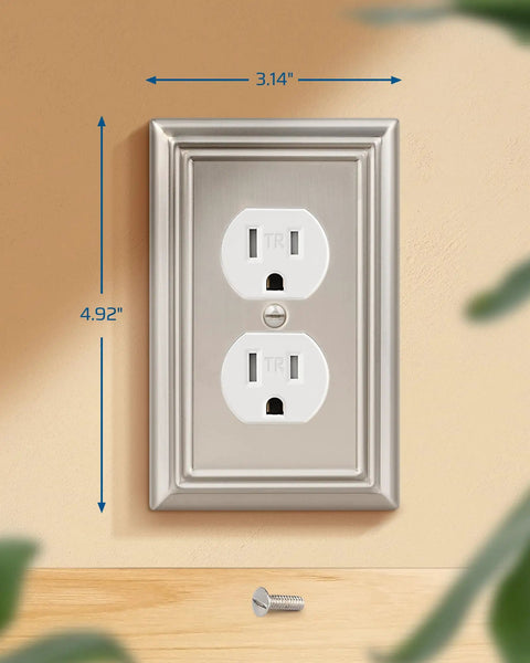 4 Pack Duplex Wall Plates, Durable Metal Outlet Covers For Receptacles And Light Switches, Brushed Nickel Finish, shown installed with dimensions
