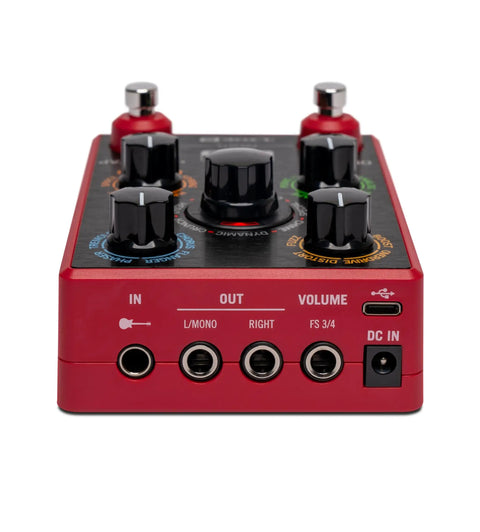 Rear view of POD Express Guitar Multi Effects Processor with HX Quality Tones, showing input, output, and volume controls.