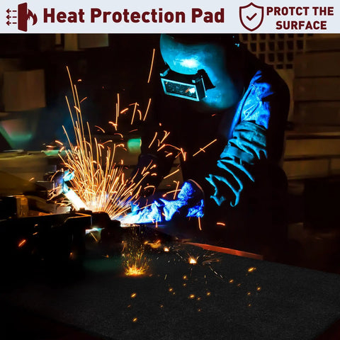 2 Pack 11x14 Inch Welding Blanket, 5mm Thick Fireproof Carbon Felt Heat Shield For Soldering, Fire Pit, Grill And Welding Supplies, Heavy Duty Pro Grade, Grill Ready, Ultra Heat Resistant To 3000 Degrees Fahrenheit, Flame Retardant UL94-V0 ASTM D6413 shown in use protecting surface from welding sparks