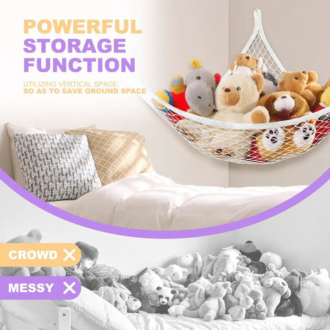 Stuffed Animal Net Hammock for Plush Toys, Corner Organizer for Kids Room Decor, toys neatly displayed above bed