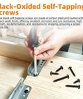 Person using screwdriver with 520 Piece M3 Self Tapping Screws Kit For Wood Plastic And Soft Metal Black Phillips Pan Head Assortment Carbon Steel