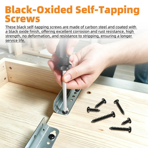 Person using screwdriver with 520 Piece M3 Self Tapping Screws Kit For Wood Plastic And Soft Metal Black Phillips Pan Head Assortment Carbon Steel