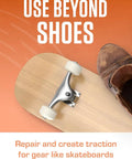 Heavy Duty Shoe Patch Glue For Fast Repairs On Leather, Rubber, And Fabric Kicks For Waterproof Flexible Adhesive That Delivers Strong Long Lasting Bond For Patching Soles Patches And Everyday Footwear Fixes shown for use on shoe and skateboard