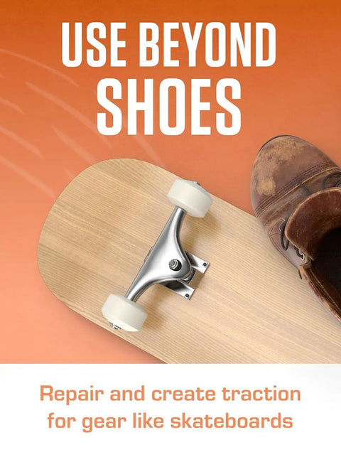 Heavy Duty Shoe Patch Glue For Fast Repairs On Leather, Rubber, And Fabric Kicks For Waterproof Flexible Adhesive That Delivers Strong Long Lasting Bond For Patching Soles Patches And Everyday Footwear Fixes shown for use on shoe and skateboard