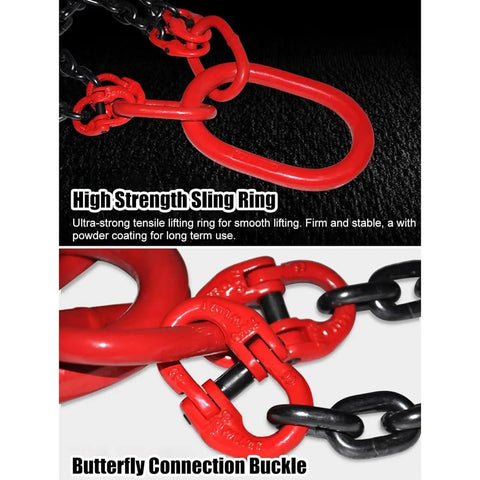Heavy Duty Four Strand Lifting Chain Sling With Industrial Hoist Chain And Secure Locking Hook, featuring red sling rings and connection buckle.