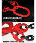 Heavy Duty Chain Drum Lifter Sling With Biker Tough Locking Hook And Bulletproof Cast Steel Rings, showing red high strength sling ring and black chain.