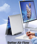 Desk Friendly Vertical Laptop Stand Dock 3 In 1 Holder For Laptop And Phone Or Tablet holding laptop beside monitor