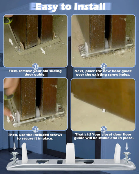 Installation steps for Sliding Closet Door Floor Guide Kit 8 Pack With Stamped Steel Base And Adjustable White Nylon Tips