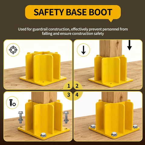 High Visibility Yellow Guardrail Base Boots 4 Pack With Abs Plastic Design, showing installation steps on wooden posts.