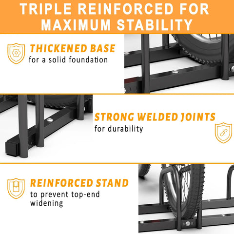 Three Bike Floor Stand For Garage And Indoor And Outdoor Use Space Saving Bike Rack That Mounts To Floor Fits 22 To 28 Inch Wheels No Wall Or Ceiling Mounting Needed Keeps Up To Three Bikes Safe Accessible And Neat with close-up on thickened base, welded joints, and reinforced stand.