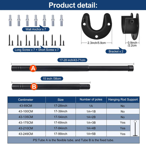 Adjustable Closet Rod Heavy Duty Tension Pole No Cutting Required 17 To 99 Inches 1.3 Inch Diameter With Hardware Kit Black details