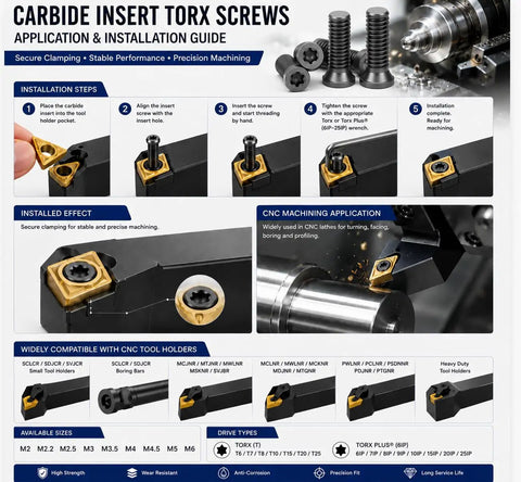 Carbide Insert Torx Screws installation guide showing secure clamping with Heavy Duty M4.5x12mm Torx Plus Screws Rock Solid Machine Fasteners.