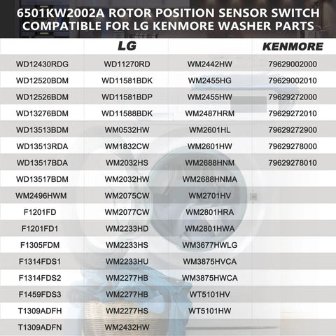 6501KW2002A rotor position sensor model compatibility chart for LG and Kenmore washers, shows product fitment details.