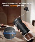 Close-up of 60g Large Capacity Manual Coffee Grinder With 40 Adjustable Settings, highlighting precision adjustment.