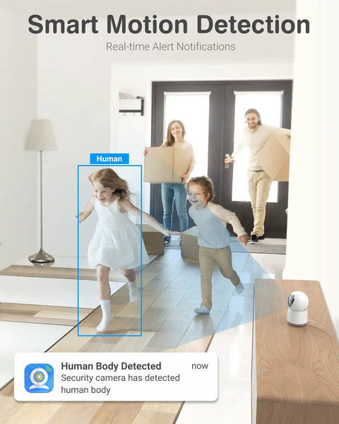 Scene showing Crater 2K WiFi Pan Tilt Security Cam for Home, 3MP Baby and Pet Monitor capturing human motion alert indoors.