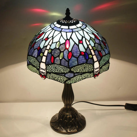 Blue Tiffany Style Dragonfly Stained Glass Table Lamp Dope Light For Bedroom Or Living Room 12 Inch Shade 18 Inch Tall