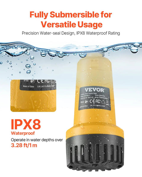 Cordless Submersible Water Transfer Pump With 528 GPH Flow Portable Sump Pump For Pool Garden Pond Includes Three Quarter Inch Garden Hose Compatible With Dewalt 20V Max Battery Battery Not Included Handy For DIY Projects And Quick Water Moves featuring IPX8 waterproof design