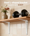 Built Tough Heavy Duty Metal Floating Shelf Brackets 8 By 10 Inch White L Shaped Shelf Supports mounted under wooden shelf