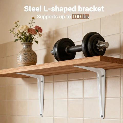 Built Tough Heavy Duty Metal Floating Shelf Brackets 8 By 10 Inch White L Shaped Shelf Supports mounted under wooden shelf