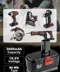 Beefed-Up 3.6Ah Ni-MH Replacement Battery for 19.2V Cordless Tools with Extended 3600mAh Capacity shown with compatible tools